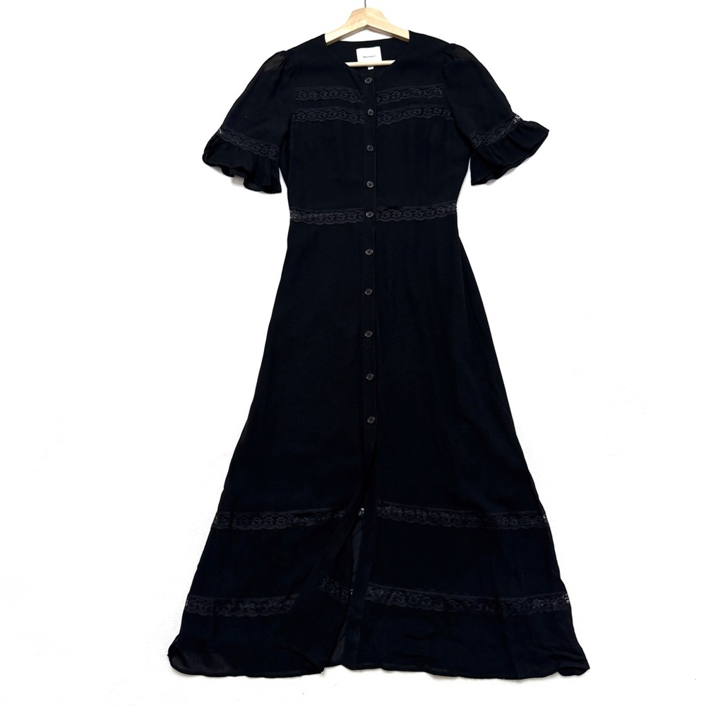 Reformation sz 2 Woodson in Black Lace Trim Midi Button Down Dress - Picture 5 of 10